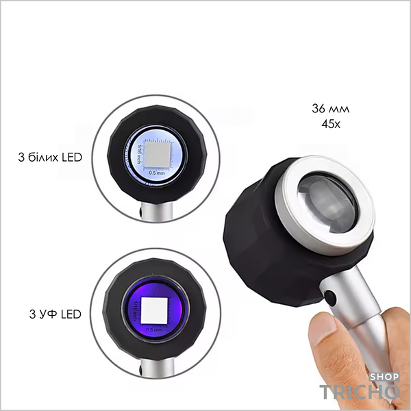 Лупа для визуальной оценки плотности волос с LED и УФ-подсветкой, шкалой 1&times;1 см 1102 фото